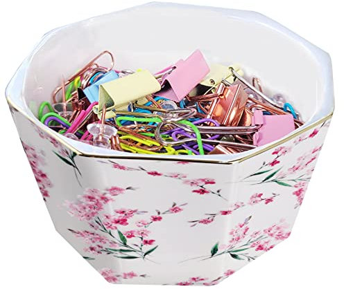 LEAZUL Keramik-Büroklammerhalter mit goldener Linie, geometrischer Blumen-Büroklammer-Spender für den Schreibtisch, niedliche Büroklammern, Organizer, Büro, Clip-Halter, Geschenk für Büro, rosa Blumen