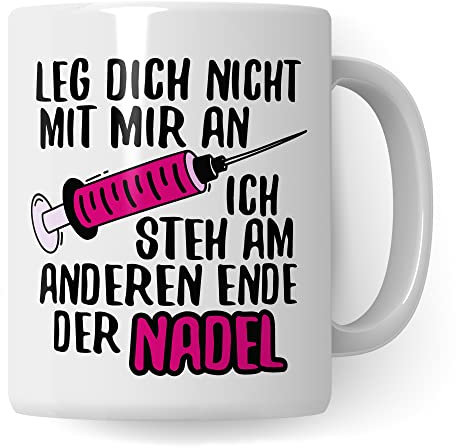 Tasse MFA Geschenk Medizinische Fachangestellte Ich steh am anderen Ende der Nadel, Krankenschwester Geschenk Arzthelferin Krankenpfleger (Weiß/Weiß)