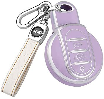 HIBEYO Smartkey Autoschlüsselhülle Passt für Mini TPU Schutzhülle Schlüsselhülle für BMW Mini Cooper S F54 F55 F56 F57 F60 R59 Clubman Countryman Fernbedienung Fall-lederSchlüsselring Lila