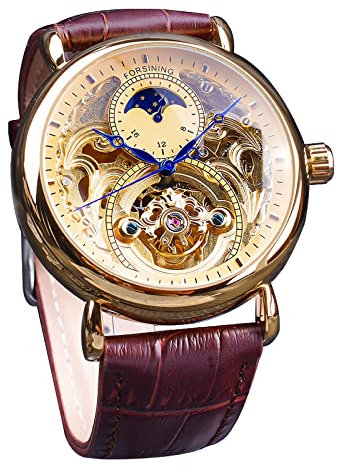 FORSINING Montre pour homme à remontage automatique avec bracelet en silicone noir squelette rétro phase de lune grand cadran mécanique, Or 2., Sangle