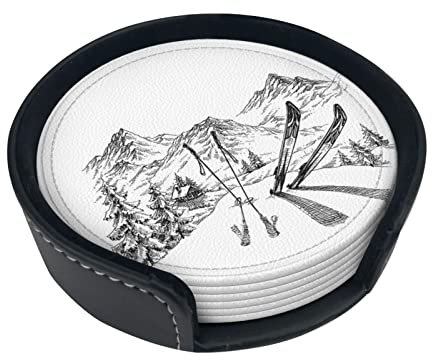 Lot de 6 dessous de verre en cuir imprimé sur le thème du ski pour boissons, décoration d'intérieur et cadeau de pendaison de crémaillère