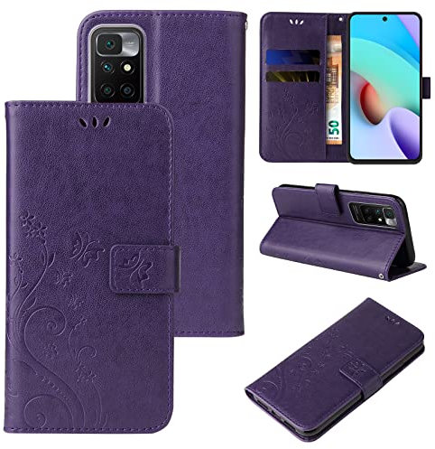 LBH Handy Hülle für Xiaomi Redmi 10 Case Handytasche Schmetterling Blumen Flower Standfunktion Schutzhülle Magnet Rundum Schutz 360 Grad Flipcase Cover Violett