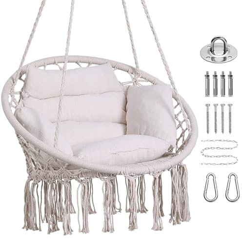 Goutime Macrame Patio Swing Chair,Hammock Hanging Cotton Rope Chair with Cushion and Hardware Kit,Room Ceiling Swinging Chairs for Indoor,Outdoor,Bedroom,Outside,Garden,Balcony,Yard,Deck,Beige