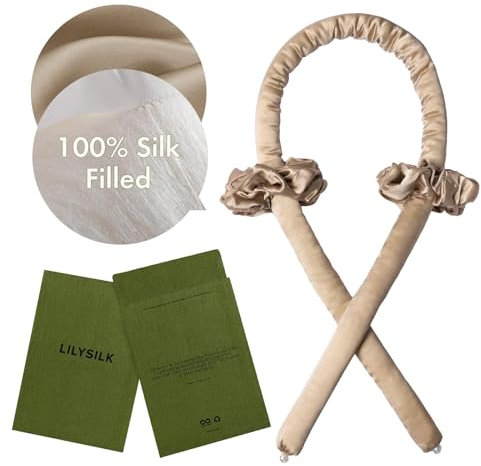LILYSILK 100% Maulbeerseide Bezug & Gefüllte Hitzeloses Locken-Set - Übernacht-Haarwickler für weiche Locken, Lockenstäbe Kopfband, keine Hitze-Haarwickler mit 2 Maulbeerseide Haargummis, Taupe