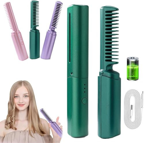 Rechargeable Mini Hair Straightener Brush & Curler, 2 in 1 Anti-Scald, Portable USB Plug-in, Ceramic for Short & Long Hair (Green)