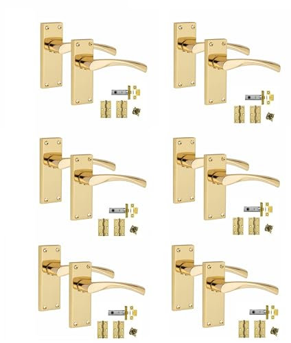 Golden Grace Victorian Scroll Astrid Door Handles Latch in Polished Brass with 1 Pair of 3 Standard Butt Hinges & Latches Pack, 6 Sets - 120mm x 40mm Backplate