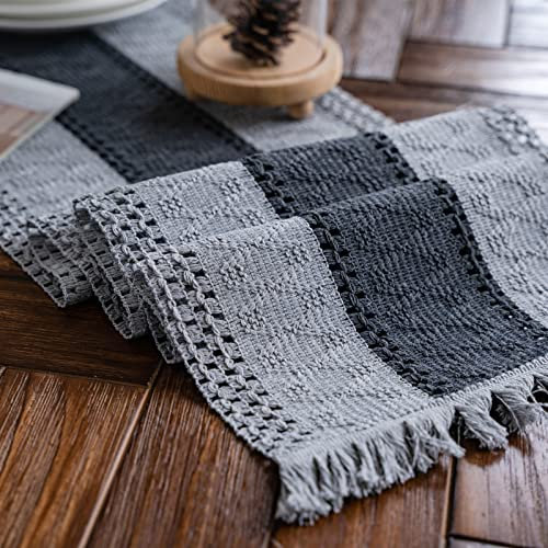 Weldomcor Grau Makramee Tischläufer Boho Baumwollflachs Tischläufer mit Quasten, Rechteckige Häkelspitze Mesh Tischdecke für Küche Vintage Bauernhaus böhmische Hochzeit Tabletop Dekor, 30x240cm
