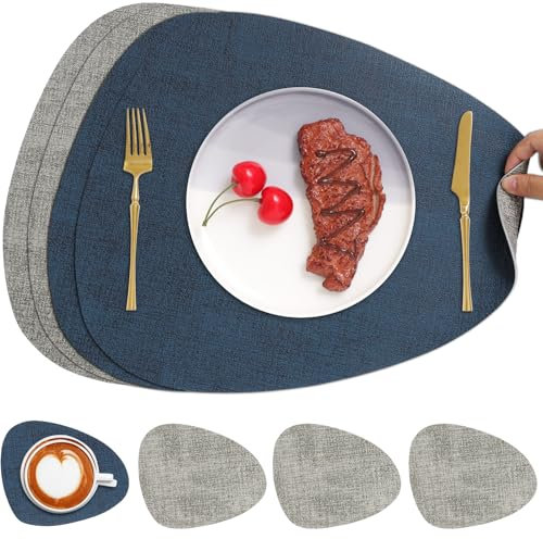 Chitomars Sets de Table et Dessous de Verre, Double Face Sets de Table Rond Lavable Plastique Antidérapant Set de Table en Simili Cuir Résistant à la Chaleur (Lot de 4, Gris Bleu)