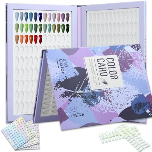 C12rtive Nagelmusterbuch mit 216 Farben, Leder-Nagelfarben-Display-Buch mit 240 Nagelspitzen und 1–300 Zahlenaufklebern, professionelles Nagelfarbdiagramm für Nagellack, Nägel, Kunstdesign (lila)