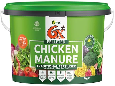 6X Natural Pelleted Chicken Fertiliser, Six Times More Nutrients Than Farm Yard Manure, Fully Composted, Weed Free - 7Kg
