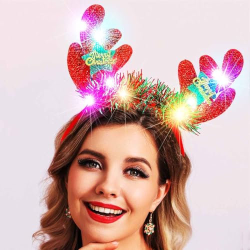 Reaky Bandeau de Noël avec lumières LED scintillantes en bois de renne et étoile scintillante - Bandeau de Noël - Accessoires de cheveux pour femme
