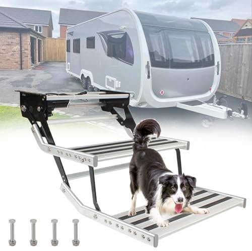 ERSINIAN Marchepied électrique/Manuel pour Camping-Car, marchepied d'entrée Pliable pour Camping-Car, escalier de Camping-Car Robuste Pliable, marchepieds antidérapants, 2 marches (électriques) LED