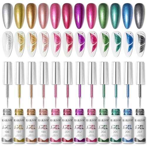 RARJSM Metallic Gel Liner Nail Art 12pcs Set 5ml Rose Gold Blue Green Red Black Silver Glitter Painted Thin Brush Gel Nail Polish Soak Off UV LED Curing Require for DIY at Home Nail Salon Manciure