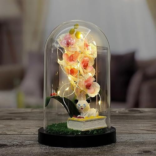 Glasglocke mit Deko – Geschenkartikel mit Orchidee & Katze – Dekoglas für Weihnachten, Muttertag, Valentinstag – Handgefertigte Tischdekoration & Wohnaccessoire