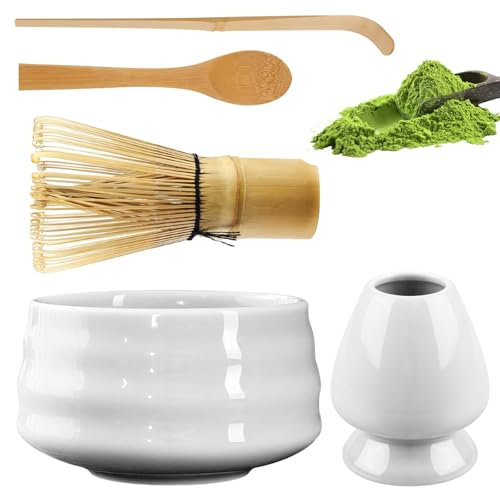 Matcha Tee Set, Matcha Besen Set mit Matcha-Schneebesen, Besenhalter, Matcha Schale aus Keramik, 2 Teelöffel, Japanisches Zubehör für die Matcha-Zeremonie, Perfekte Set für die Zubereitung, Weiß