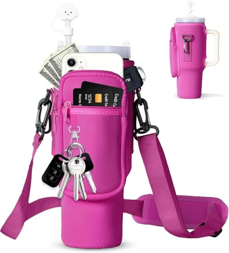 Insulated Neoprene Water Bottle Carrier Bag with Phone Pocket for Stanley Cup 40/30oz – Crossbody Holder with Adjustable Shoulder & Handheld Strap, Stanley Cup Accessories (Hot Pink)