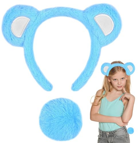 WEINIBAO Bärenohren Stirnband & Schwanz Set, Bär Ohren Haarreif, Unisex, One Size, Plüsch, Rot/Blau/Gelb/Orange, Maskeraden, Karneval, Halloween, Thema, Partys