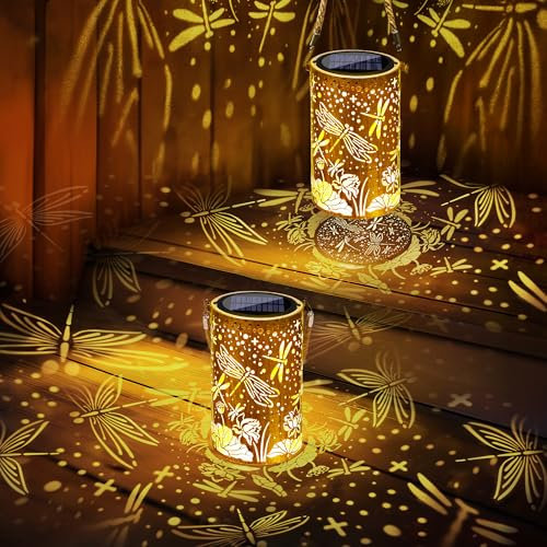 Qedertek Solarlampen für Außen Garten, 2 Stück LED Metall Libelle Solarlaterne für Außen Hängend, IP65 Wasserdicht Solarleuchten Gartendeko für Balkon Patio Baum Terrasse Geschenke für Frauen Mama