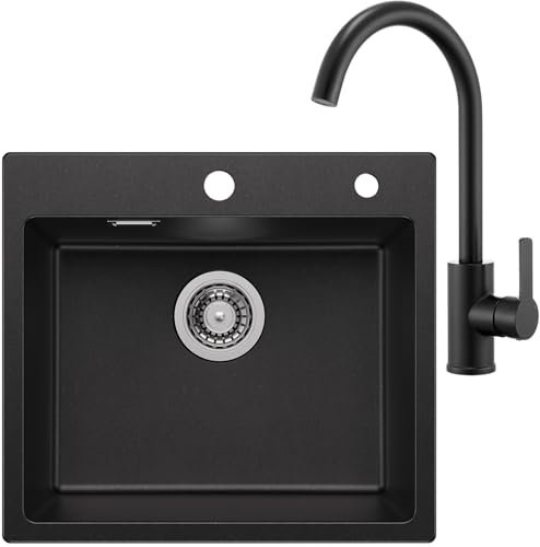 Auralum Spüle mit Armatur Set, Granit Spülbecken Schwarz 50 x 45 cm + Wasserhahn Küche Schwarz