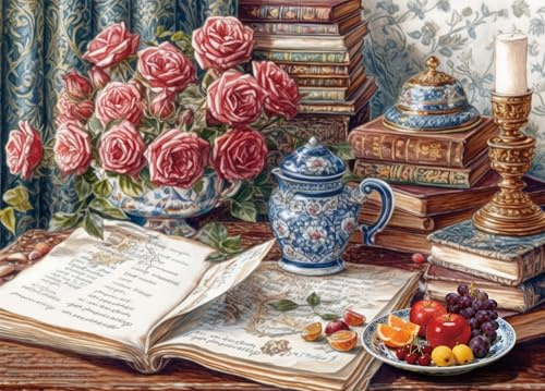 Bullglesup Puzzle für Erwachsene 1000 Teile, Books and Roses mit Poster, Teile Passen Perfekt Ineinander Buchstaben Auf der Rückseite Kein Staub, Geschenk für Ältere Senioren (70 x 50cm)