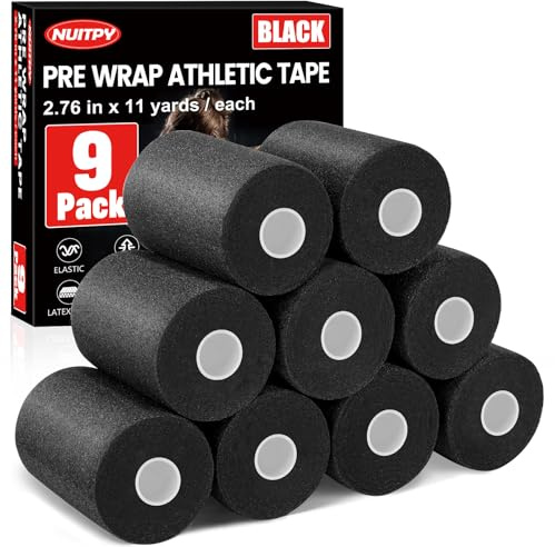 NUITPY Pre Wrap Tape, 7,9 cm x 9,1 m, Prewrap Athletic Tape für Haarfußball, Pre Wrap Schaumstoffband, Soccer Pre Wrap Tape, Prewrap Stirnbänder für Haare, Schwarz, 9 Stück