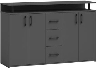 Anrichte >Drift< Highboard in Anthrazit, 4 Drehtüren,3 Schubladen mit Kugelauszug,2 Einlegeböden,1 offenes Fach, melaminbeschichtet, Schwarze Bügelgriffe, zerlegt, 139x90x34cm (BxHxT).