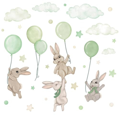 Wally Fox - Wandsticker Kinderzimmer - Wandtattoo Babyzimmer - Ungiftig, sicher, leistungsstark - 29 Stück Sticker, Hasen mit Luftballons, Hasen, Luftballons, Sterne - Grün, Creme, Beige