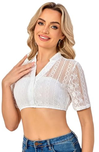 Soudittur Elegante Camicia Dirndl da Donna Bianca con Pizzo, Maniche Corte e Scollatura a V, Camicia Tirolese Tradizionale per Oktoberfest