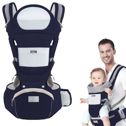 9 in 1 Marsupio Neonato, Marsupio Porta Bambino Ergonomico 0-36 mesi, Marsupio Porta Bebè Inferiore a 25kg, Marsupio Bamini con Sedile Multiposizione, Poggia Testa e Cappuccio(Blu)