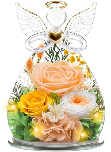 YiHuaHua Ewige Blume Engel Figur Geschenk für Frauen, Valentinstag für Sie, Muttertag, Mama Ehefrau Geburtstag, Geschenk Valentinstag Ewige Blume mit LED-Beleuchtung (Champagner, Gelb und Weiß)