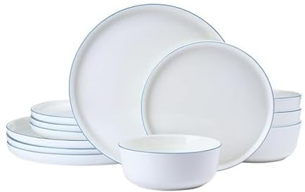 Mikasa Samantha 12-teiliges Geschirrset aus Knochenporzellan, Service für 4, flache Teller und Schüssel mit blauem Rand, splitterfest, leicht, elegant und langlebig, Weiß