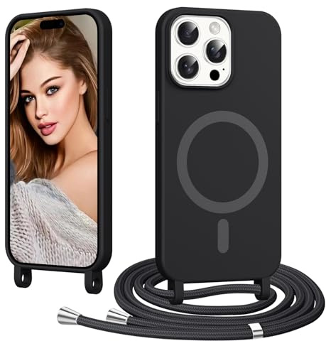 Coiwxmoi Handyband Handyhülle für iPhone 15 Pro Hülle mit Band, [Kompatibel mit MagSafe] Magnetisch Necklace Silikon Case mit Verstellbar Abnehmbar Kordel zum Umhängen Stoßfest Schutzhülle,Schwarz