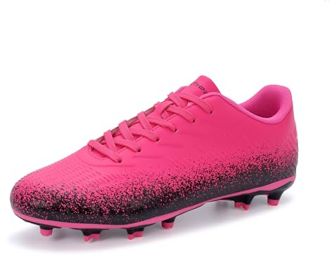 FEETHING Unisex Adults Football Boots for Men Women - Multi Ground Anti Slip Soccer Cleats with Lightweight Cushioning(5.5UK, Fuchsia/Black)