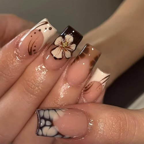 Aribliseza French Nails, 24 pièces Ongles Carrés Mi-Longs Faux, Design Léopard, Ongles Acryliques Complets, Ongles à Pression pour Femmes, Ongles Artificiels avec Finition Brillante