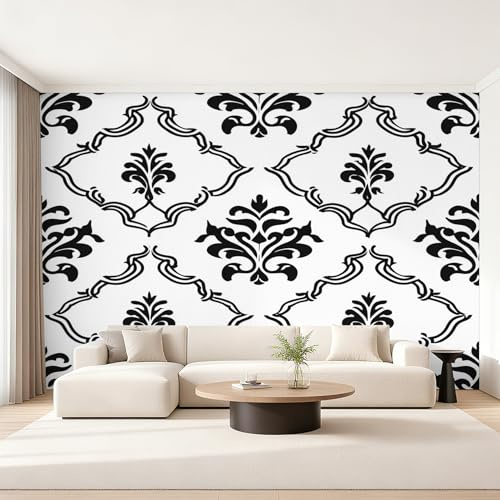 Black White Damask Wallpaper for Living Room, Baroque Victorian Floral Wall Mural, Non-Woven Photo Wallpaper for Bedroom, Home Decor Wall Paper 150 x 105 cm (W x H) Y&W32