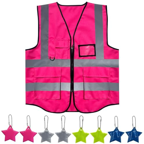 PacuM Gilet Reflechissant Vêtements de Sécurité avec Poche Réfléchissant Haute Visibilité Étiquette Réfléchissante Gilet de Securite Respirants pour Hommes et Femmes (Rose)