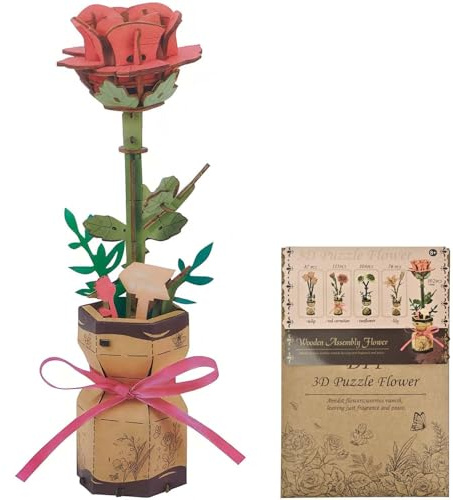 FIGCY Puzzle 3D en Bois Roses Rouges Kit de Modélisme, Fleurs Artificielles DIY pour Adultes, Décoration Créative et Cadeau de Saint-Valentin