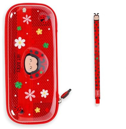Legami - Trousse Wonderwow avec 2 compartiments et porte-stylo à l'intérieur, compartiment intérieur en maille, fermeture éclair, 23 x 11 x 5 cm, rouge, 23 x 11 x 5 cm, Coccinelle avec stylo gel