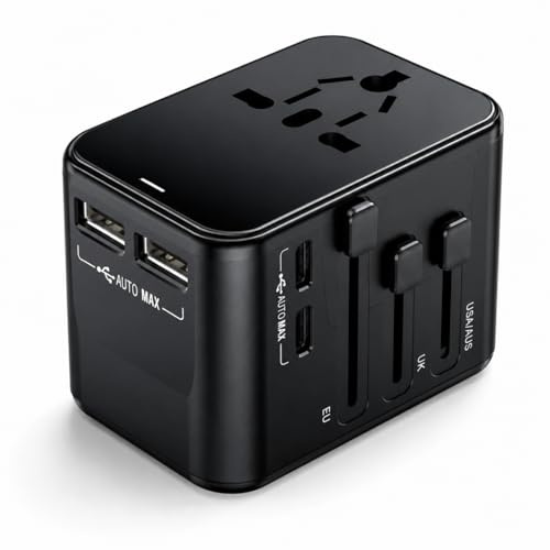 Reiseadapter Weltweit Universal Reisestecker mit 2 USB A und 2 USB C und 1 AC Steckdose Internationaler Steckdosenadapter Travel Adapter für EU USA UK Canada Australien Japan Thailand