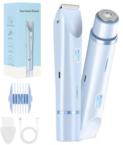 Elektrischer 2-in-1-Haarschneider für Damen mit zwei Köpfen, wasserdichter, wiederaufladbarer Körperrasierer für Bikinizone, Intimbereich, Beine und Achselhöhlen(Blau)