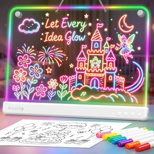 LED Zeichenbrett, Awatty Wiederaufladbare Doodle Notiztafel für Kinder 16 Zoll LED Maltafel mit 10 Lichtmodi Leuchtendes Memo Nachtlicht Notizboard Geschenk Spielzeug für 4-12 Kinder/Mädchen/Junge