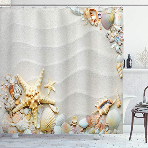 ABAKUHAUS Seestern Duschvorhang, Bunter Sand, Stoffliches Gewebe Badezimmerdekorationsset mit Haken, 175 x 200 cm, Eierschalenfarben