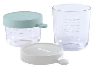 BÉABA,Lot 2 Portions Conservation Repas Bébé/Verre Extra Résistant, Made in France,100% Hermétique, Résiste choc thermique, Congélation, Stérilisation, Graduation,150ml Airy Green / 250ml Light Mist