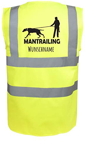 Tierisch-tolle Geschenke Mantrailing Hundesport Warnweste Sicherheitsweste mit Namen oder Text personalisiert (Motiv 8) Neongelb XXL