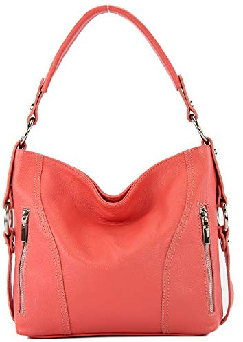 modamoda de T202 Damen Leder Henkeltasche Schultertasche handmade in Italy, Farbe:Living Coral
