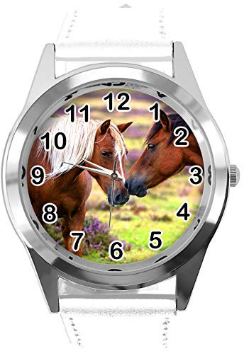 TAPORT Runde Armbanduhr aus weißem Leder für schöne Pferde-Fans E2