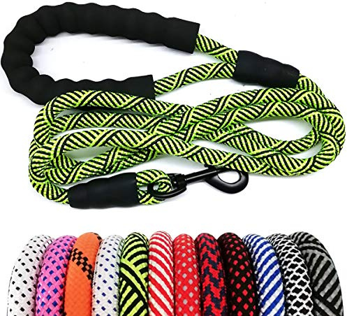 MayPaw Heavy Duty Rope Dog Lead, 3/4/5/6/7/8/10/12/15 FT Nylon Pet Leash, Soft Padded Handle Thick Lead Leashes for Large Medium Dogs (Green Black, 1/2 * 10')