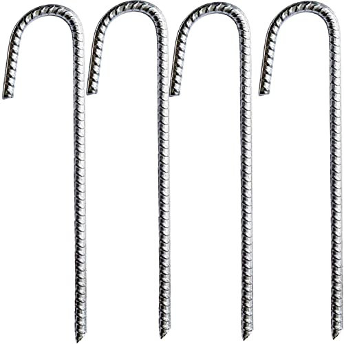 YAAVAAW Galvanised Metal Ground Rebar Stakes Tent Pegs, 4 Pack of 30cm J Hooks Anchorage Stakes, Heavy Duty for Marquees, Gazebos, Camping, Football Nets, Tents, Trampolines
