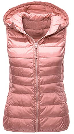 ORANDESIGNE Doudoune sans Manche à Capuche Femme Gilet en Duvet Brillant Matelassé Légère Veste Chaud Manteau Parka Hiver Slim Casual Zip Matelassé sans Manches Gilet A Rose 3XL
