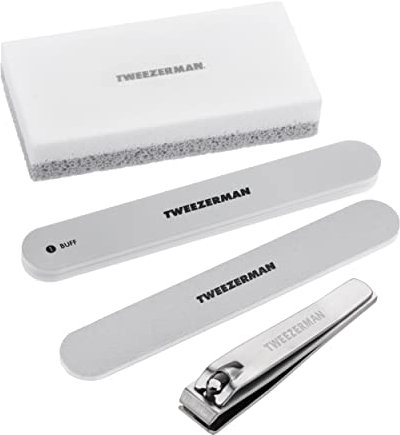 TWEEZERMAN Pediküre Set, 4-teiliges Fußpflege Set mit Pedikürestein, Silber